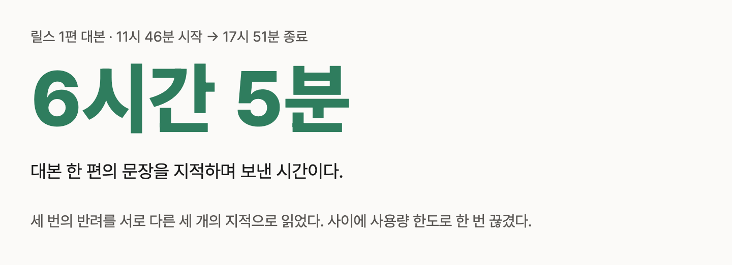 릴스 1편 대본에 11시 46분부터 17시 51분까지 6시간 5분을 썼고 그 사이 반려가 세 번 있었다.