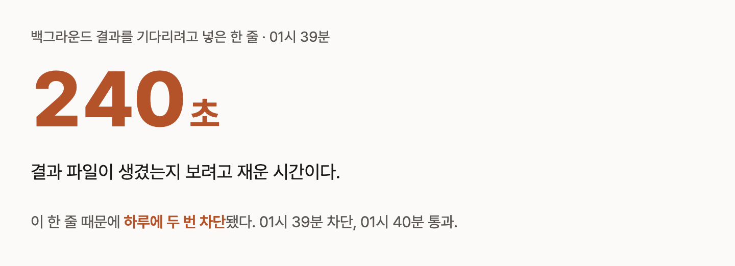 큰 숫자 240초. 백그라운드 작업을 기다리려 240초를 재우는 명령을 넣었다가 하루에 두 번 차단됐다.